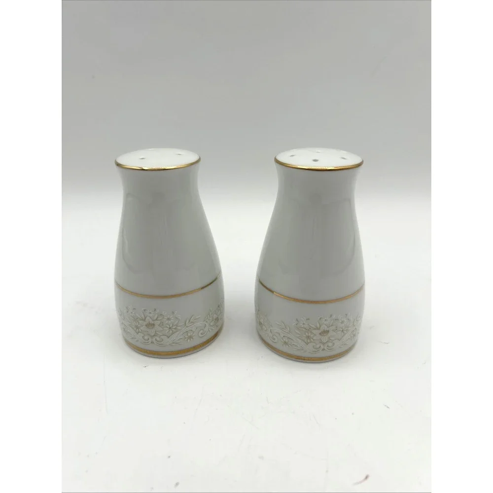 Noritake Dearest Salt & Pepper Shakers White Floral Gold Edge Fine China Japan